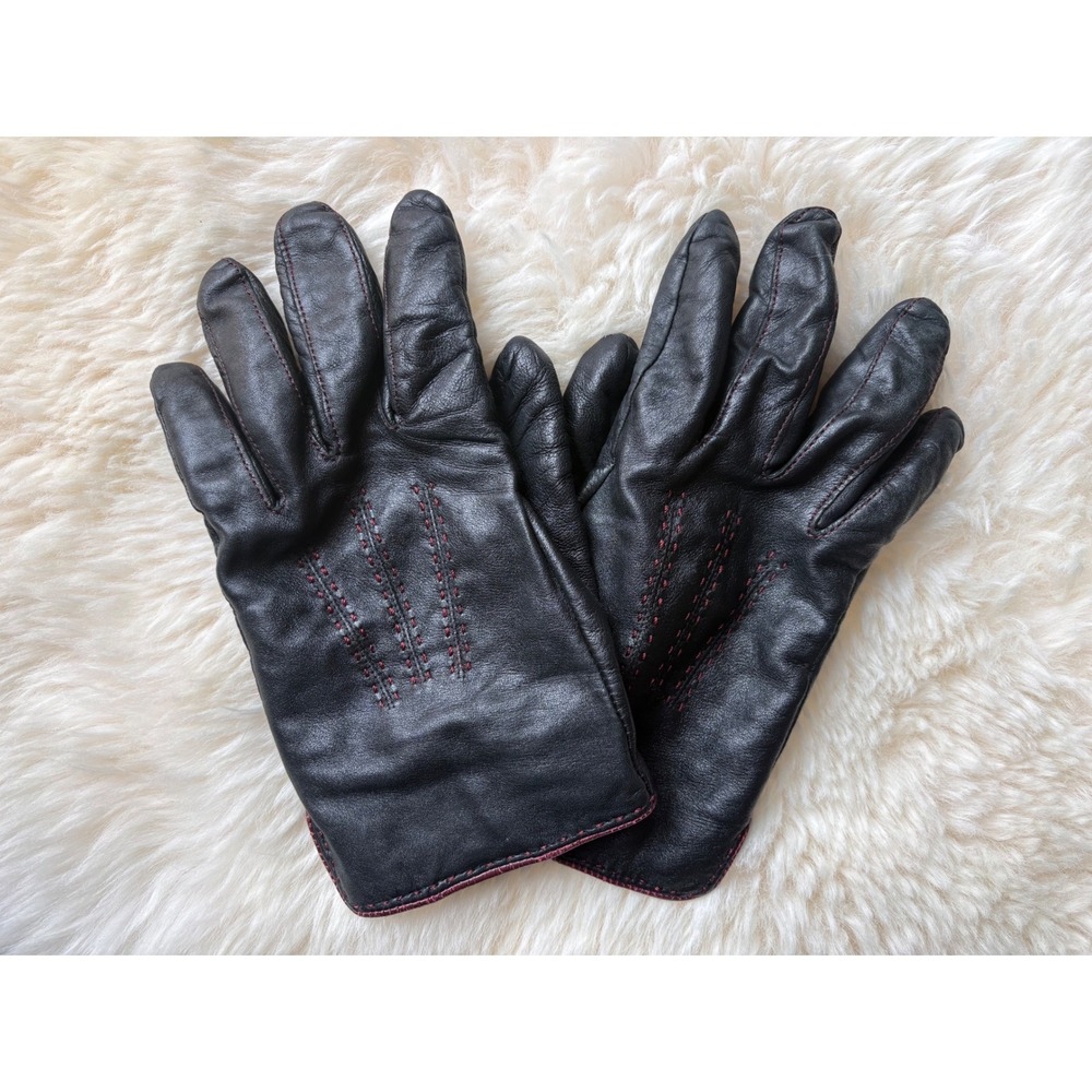 Stewart of Scotland Mens Black Leather Gloves Burgundy Stitching Size M Work